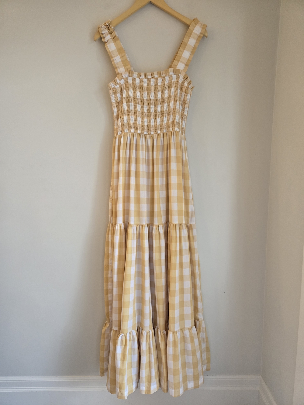 Abercrombie&Fitch 100% Cotton Gingham Smocked Tiered Maxi Dress Butter Yellow LT - Picture 3 of 16